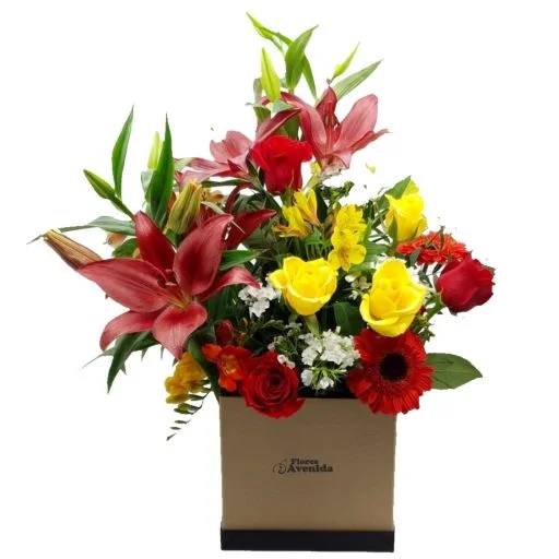 Caja con flores de estacion y rosas xl